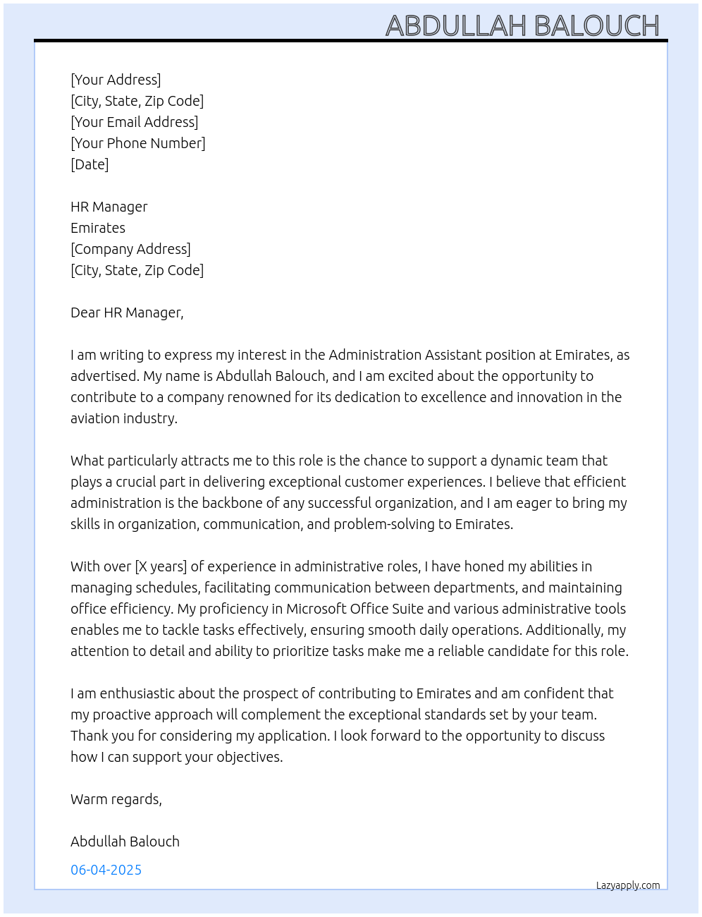 administration assistant At emirates Cover Letter