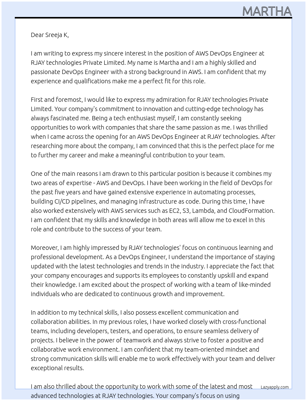 aws DevOps engineer At RJAY technologies Private Limited Cover Letter