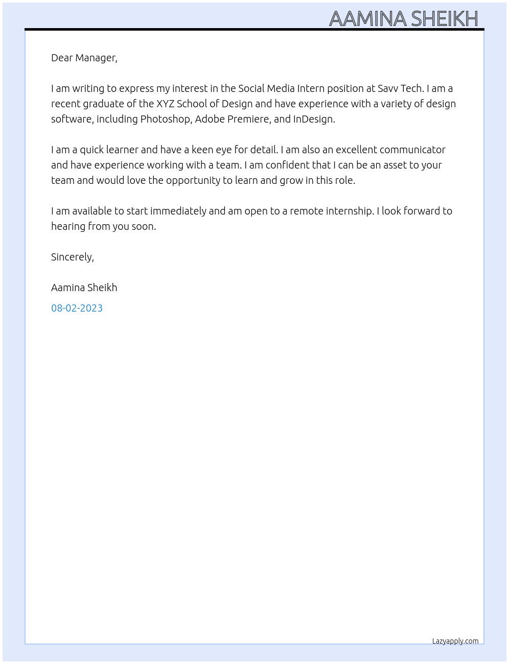 Social Media Intern At Savv Tech Cover Letter