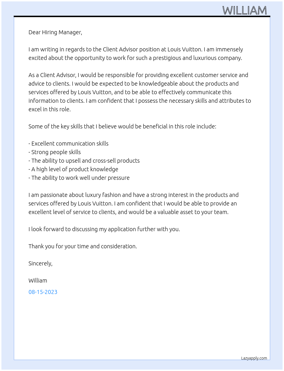 Client advisor At Louis Vuitton Cover Letter