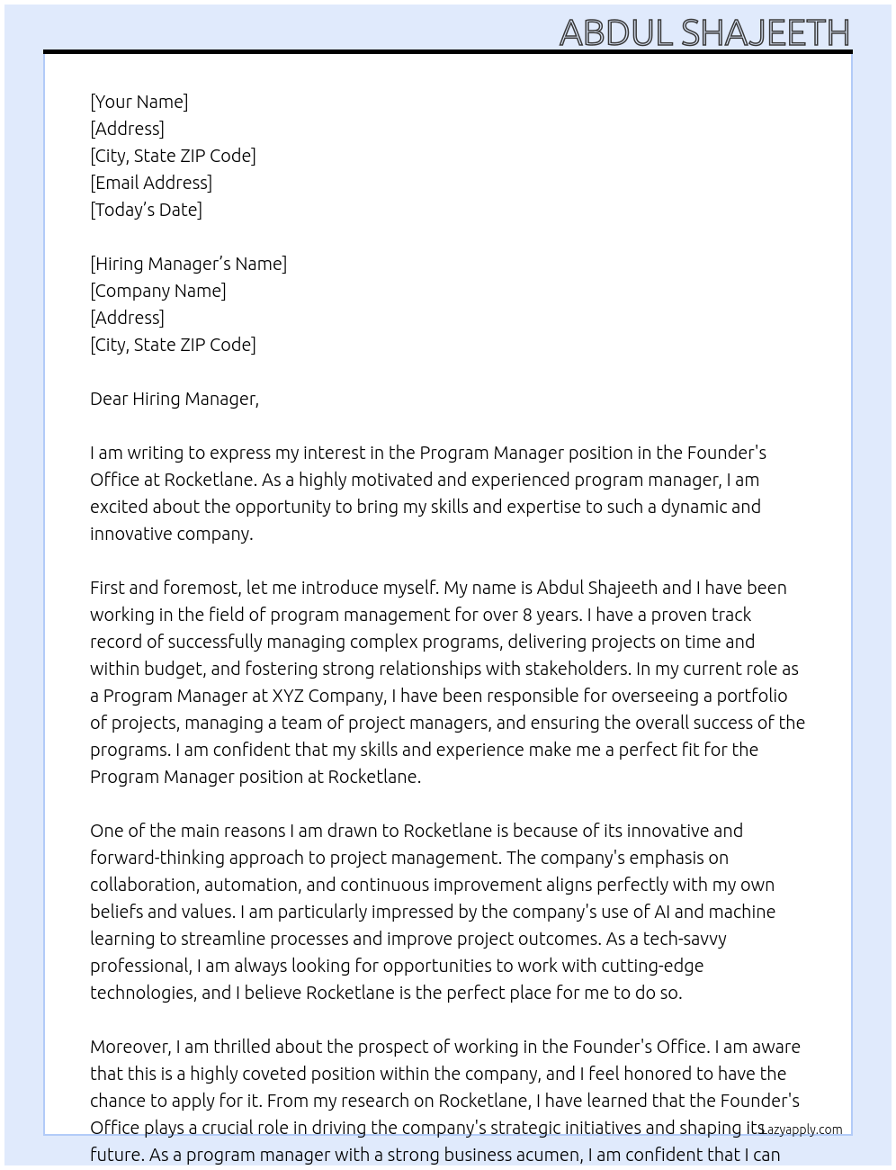 Cover letter for program manager , founder's office - LazyApply