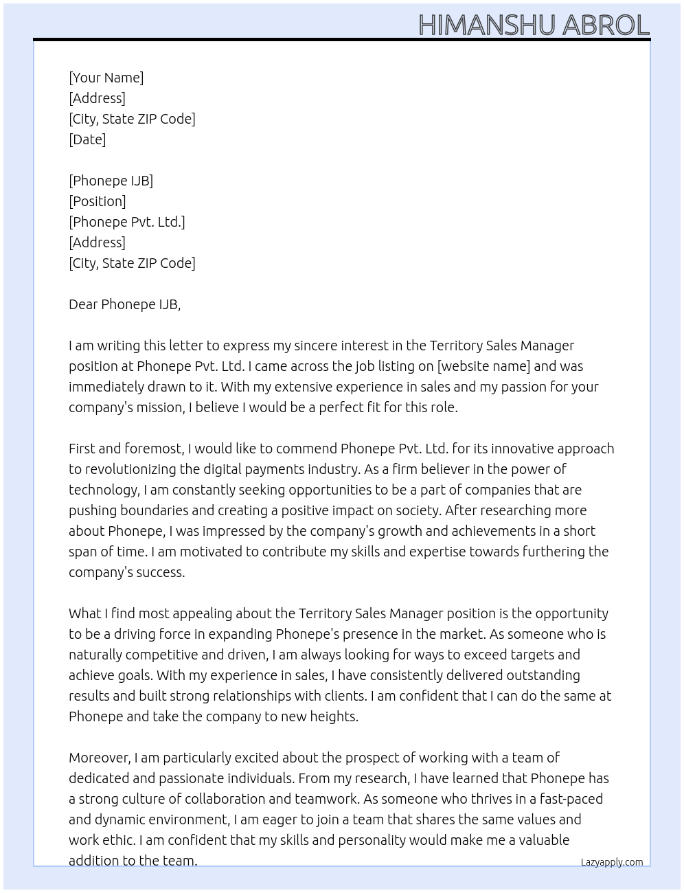 Territory Sales Manager At phonepe pvt ltd Cover Letter