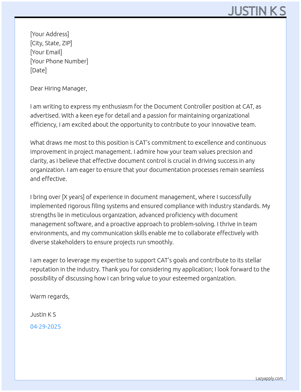 Document controller At CAT Cover Letter