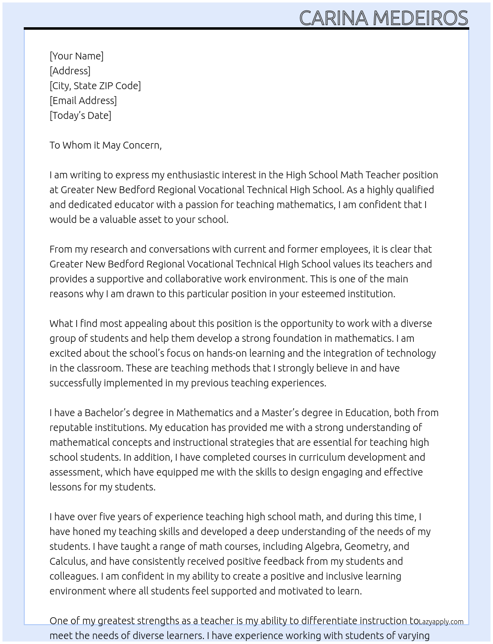High School Math Teacher At Greater New Bedford Regional Vocational Technical High School Cover Letter