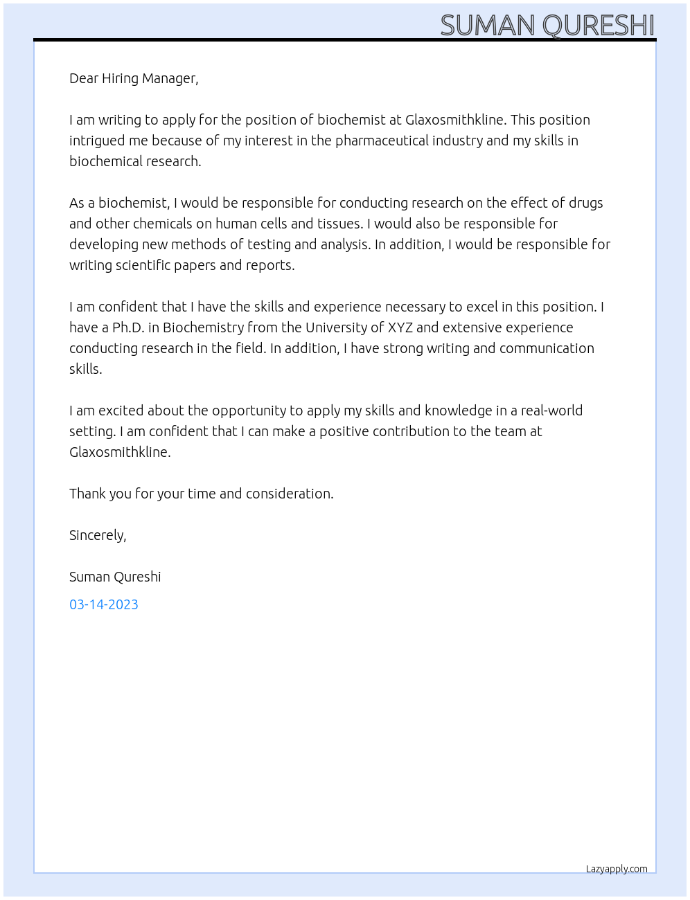 biochemist At Glaxosmithkline Cover Letter