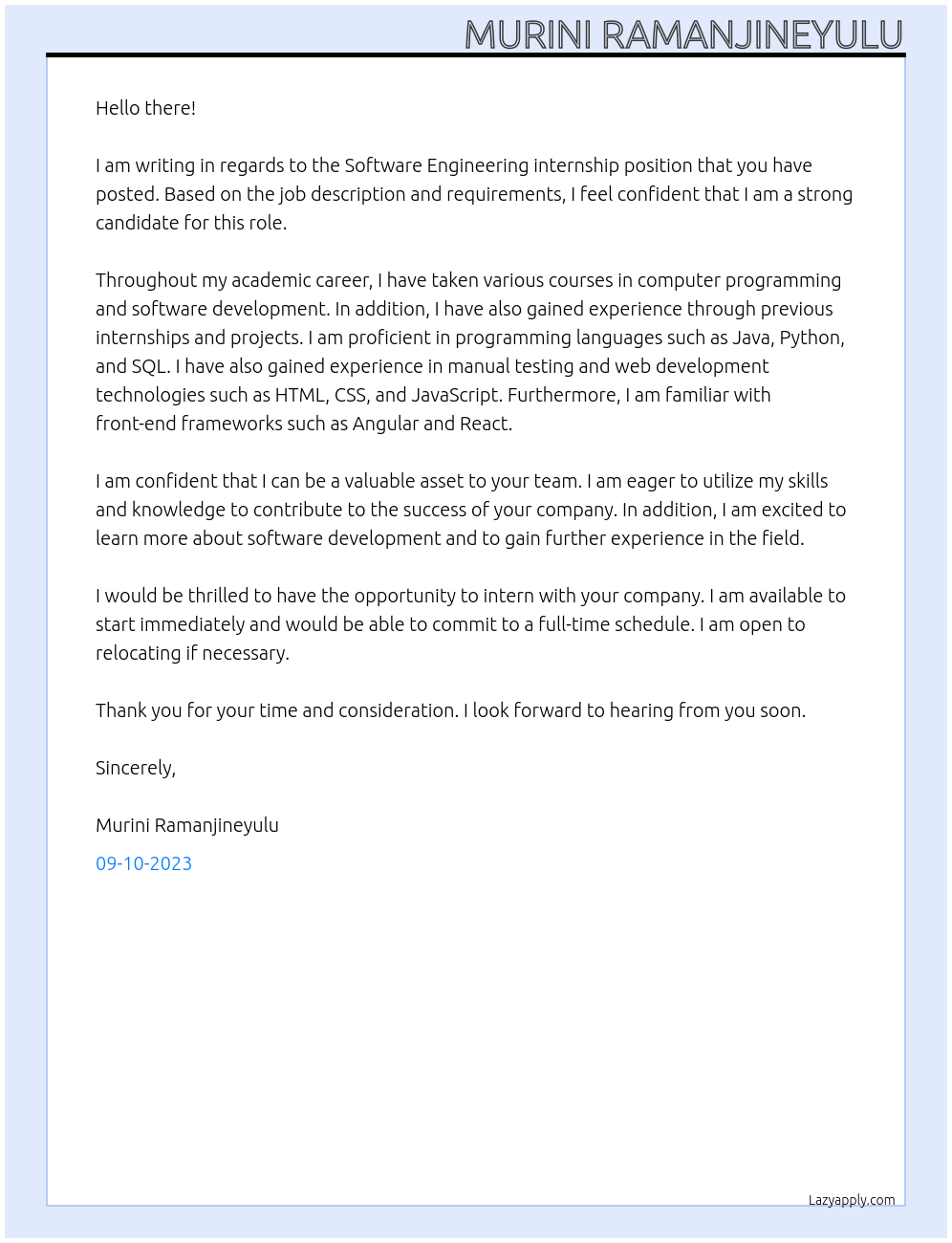 Software Engineering internship At intern Cover Letter