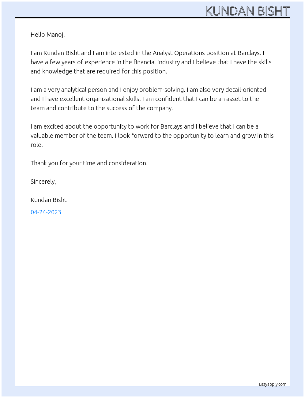 Analyst operations At barclays Cover Letter