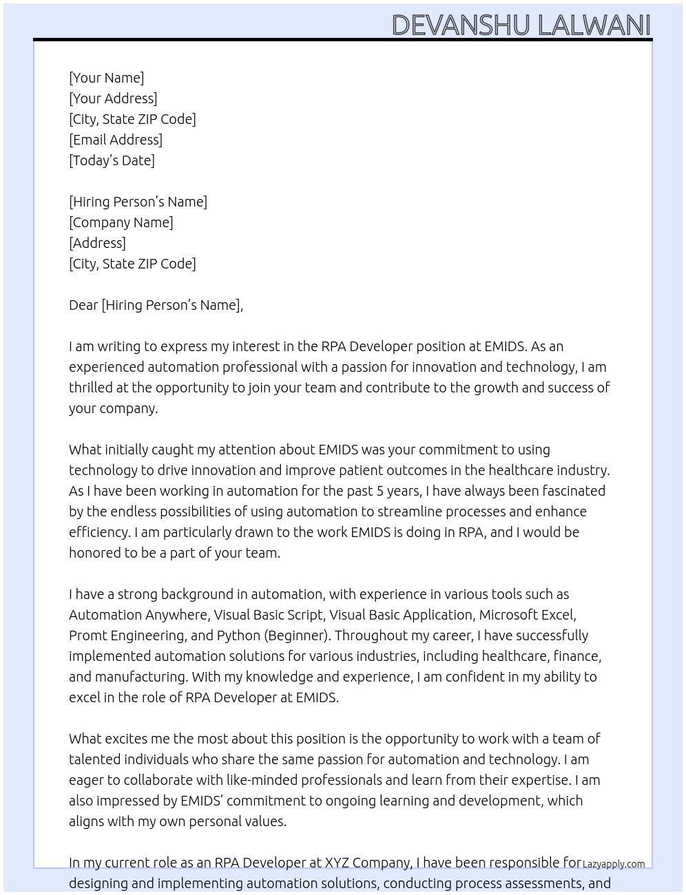 RPA Developer At EMIDS Cover Letter