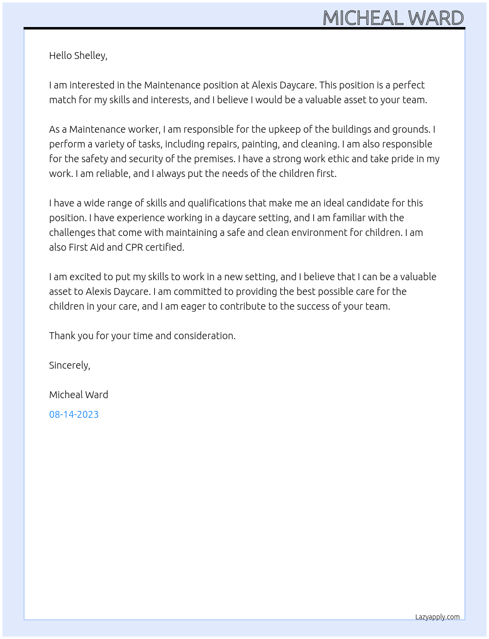Maintenance  At Alexis Daycare Cover Letter