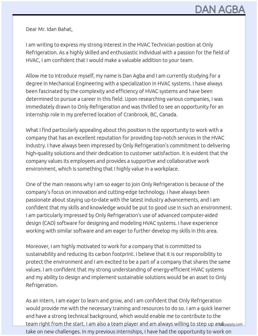Hvac technician At Only refrigeration Cover Letter