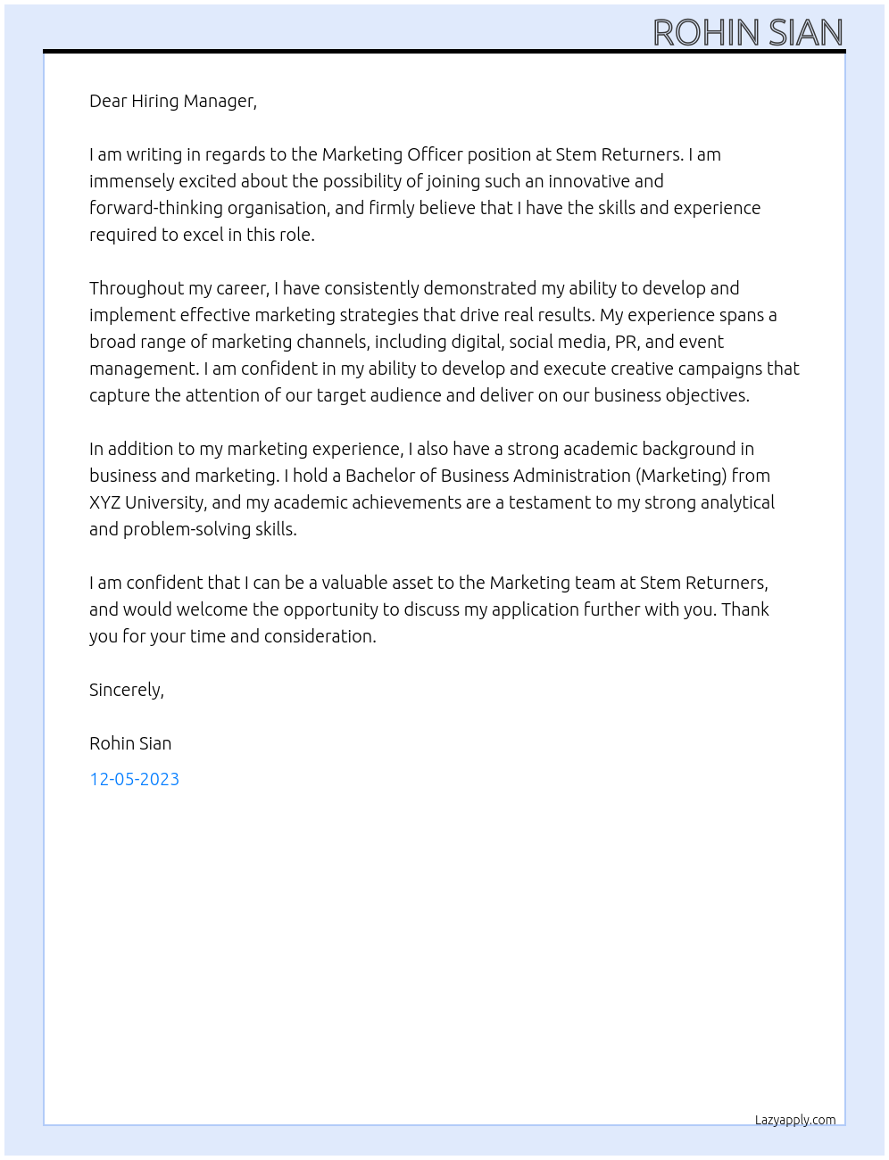 Marketing officer At Stem Returners Cover Letter