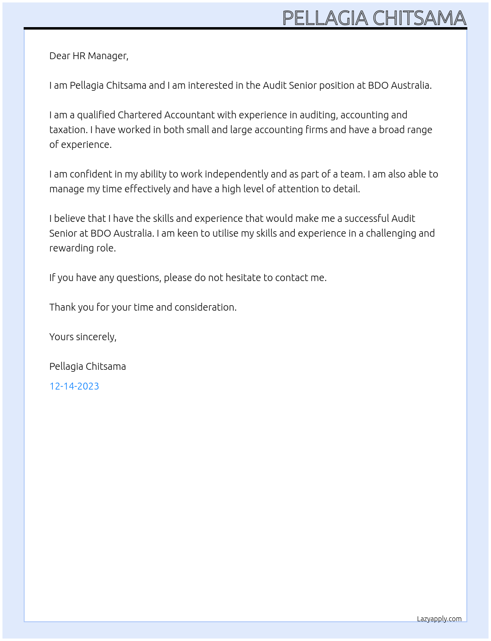 Audit senior At BDO Australia Cover Letter