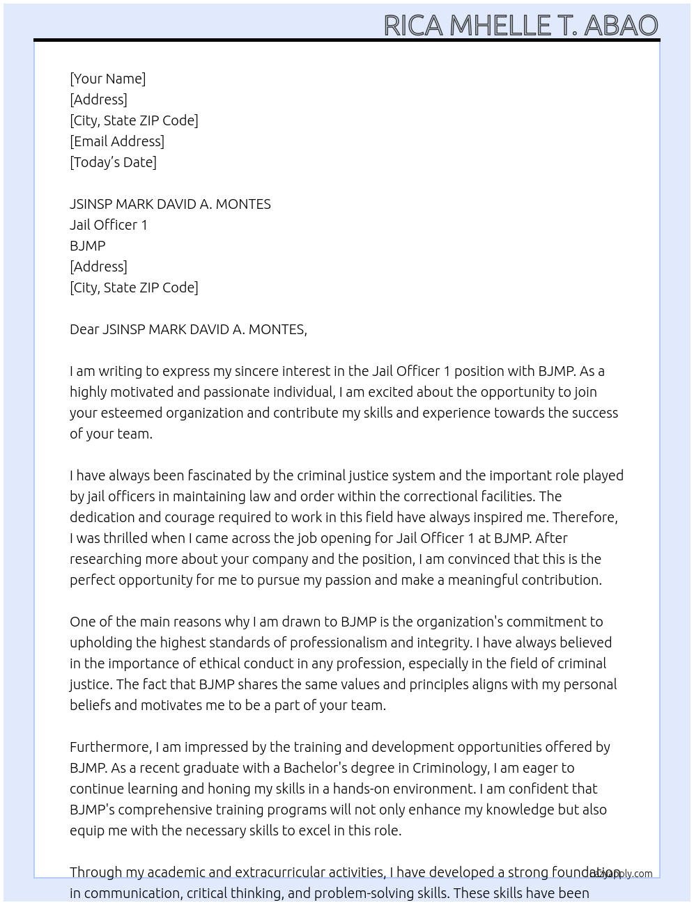 Jail Officer 1 At BJMP Cover Letter