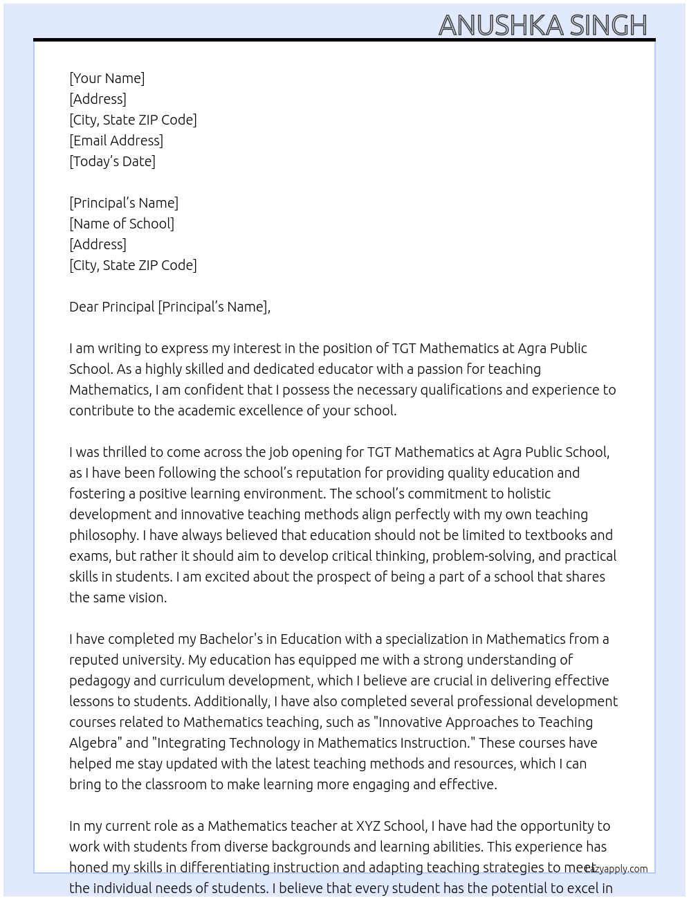 Cover letter for tgt mathematics - LazyApply