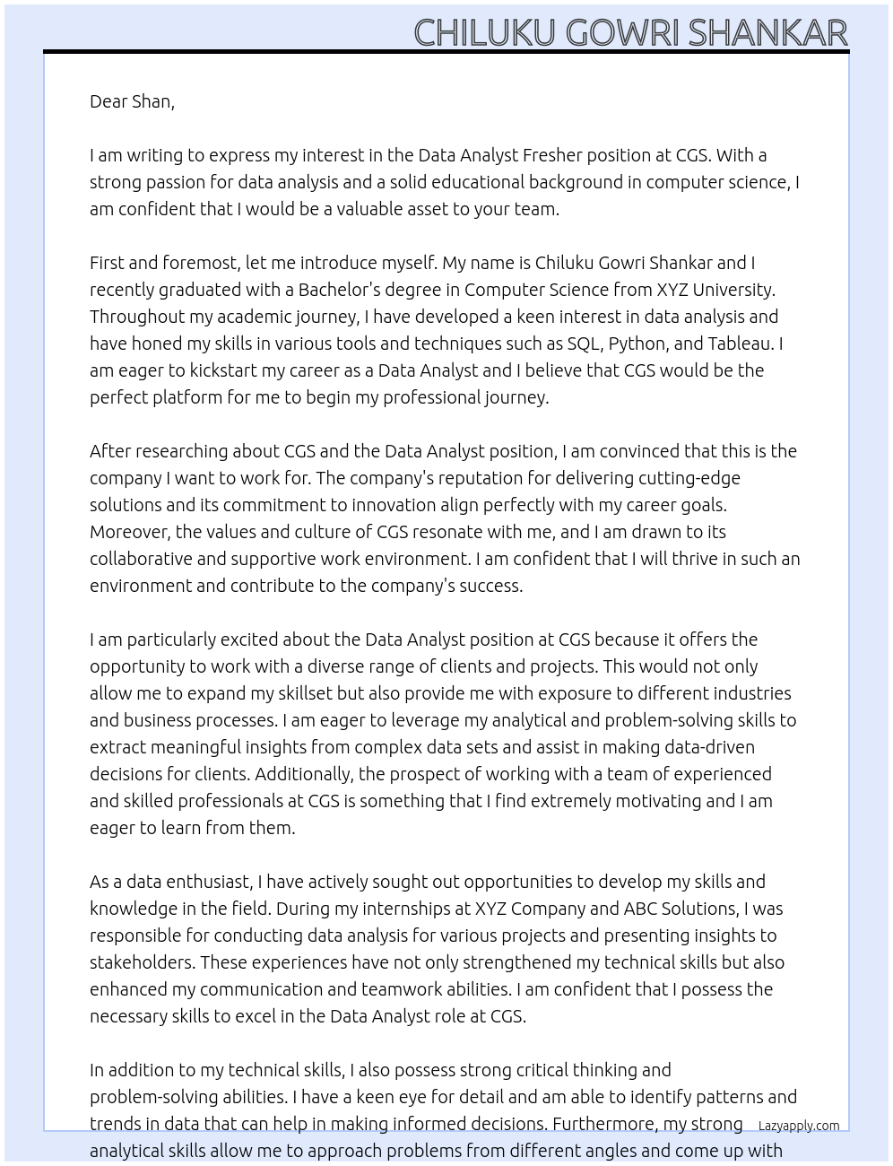 Data Analyst Fresher At cgs Cover Letter