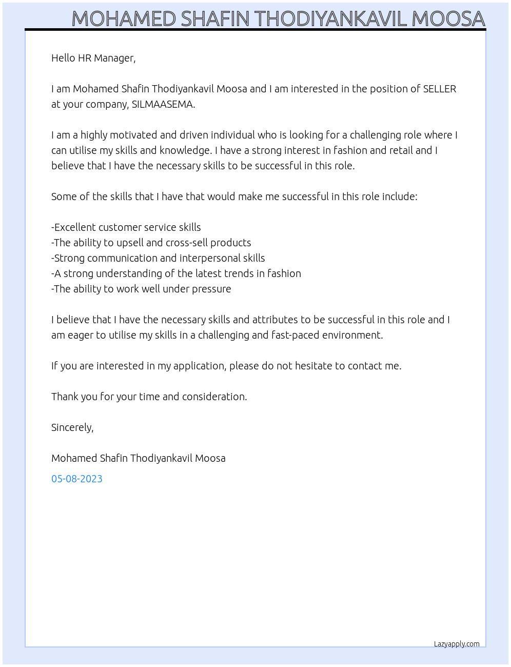 SELLER At SILMAASEMA Cover Letter