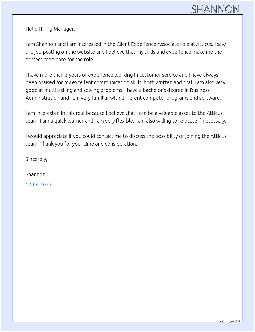 Client Experience Associate At Atticus Cover Letter
