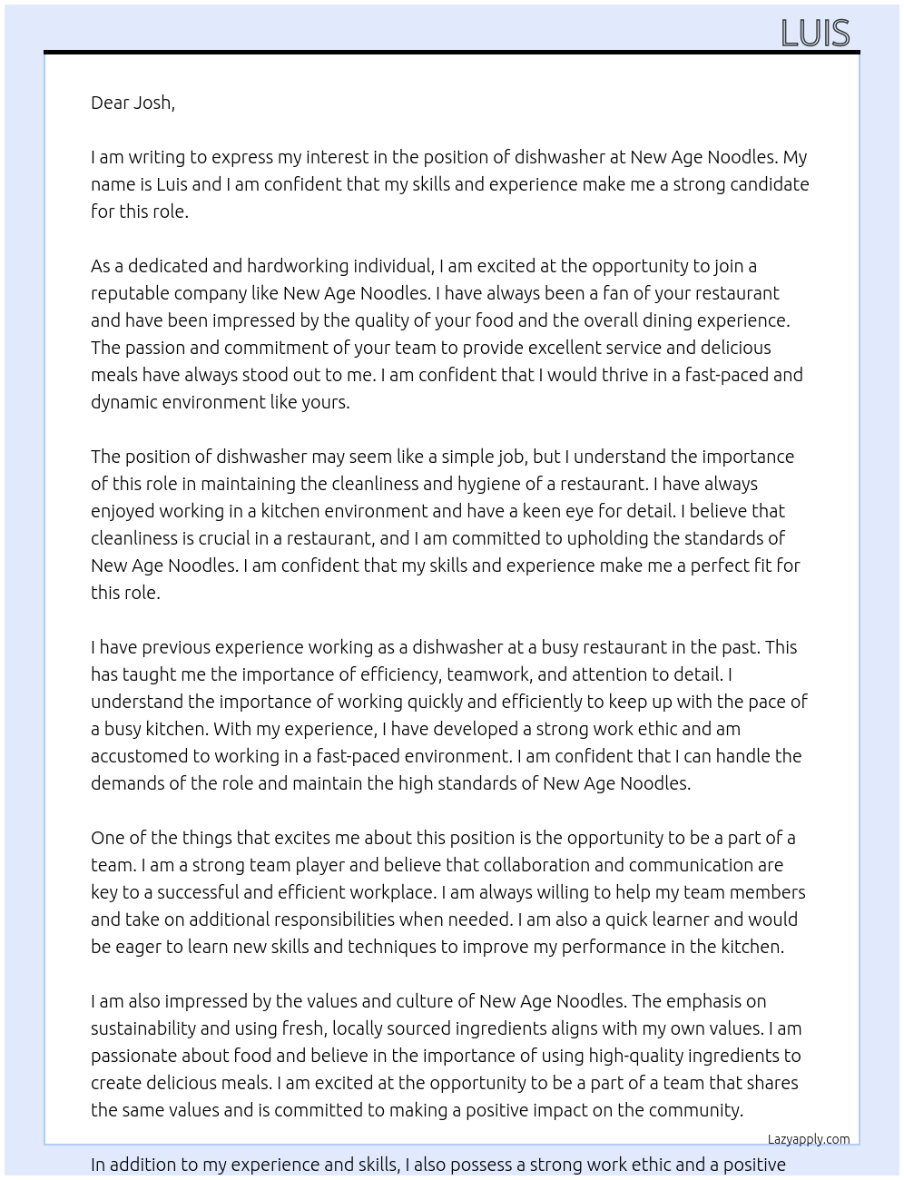 dishwasher At new age noodles Cover Letter