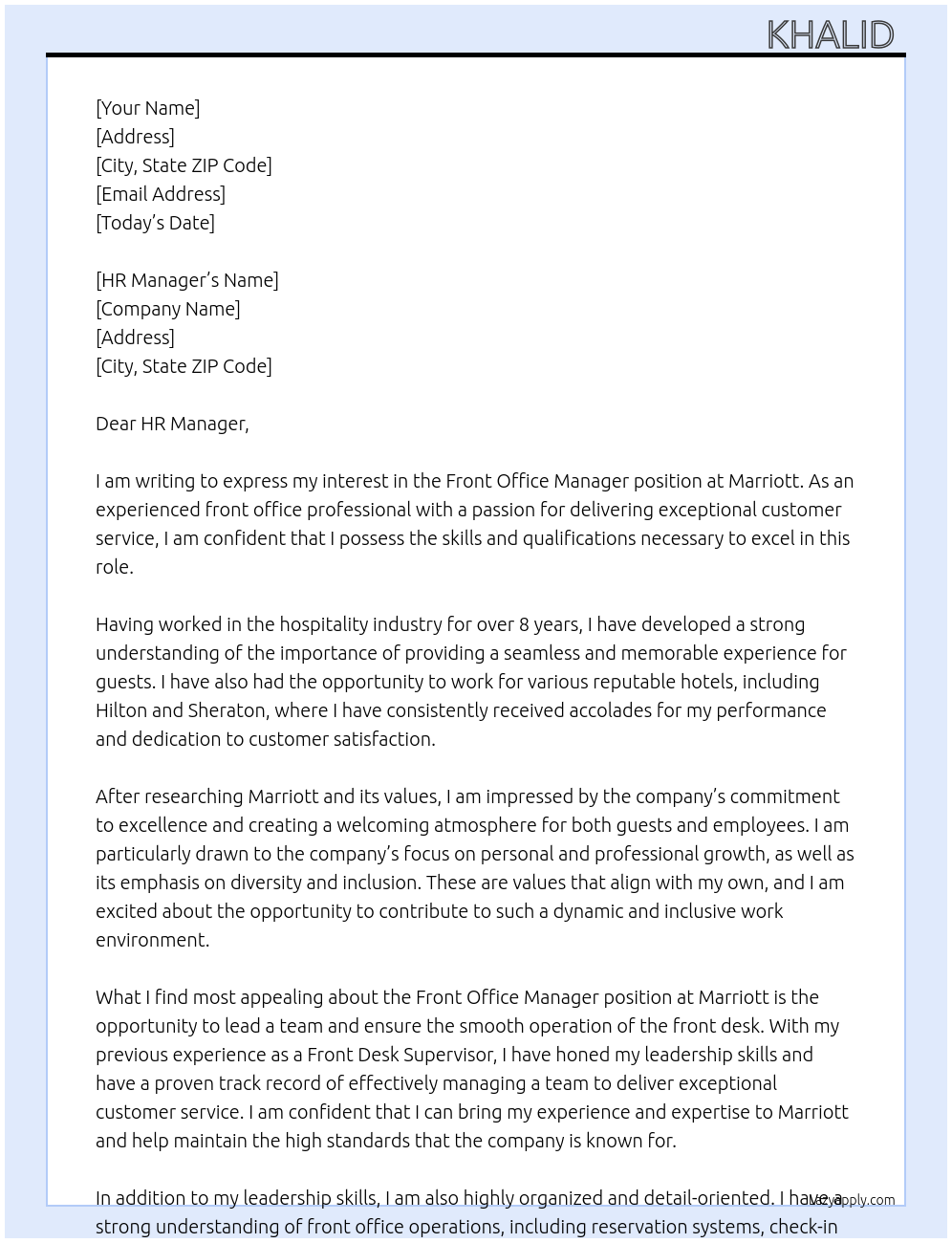 Front office manager At Marriott Cover Letter