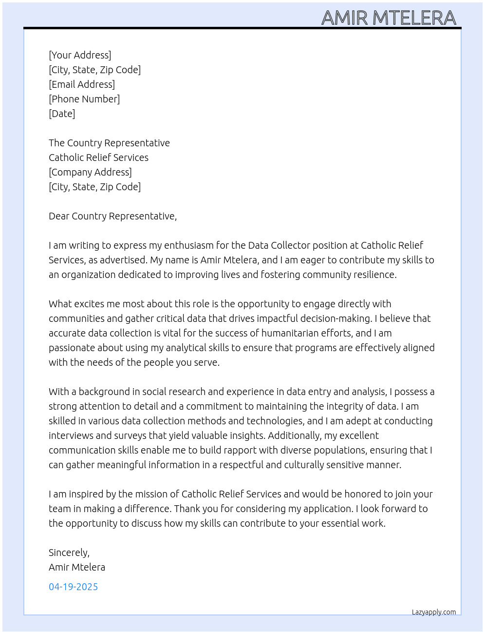 Data collectors At Catholic relief service Cover Letter