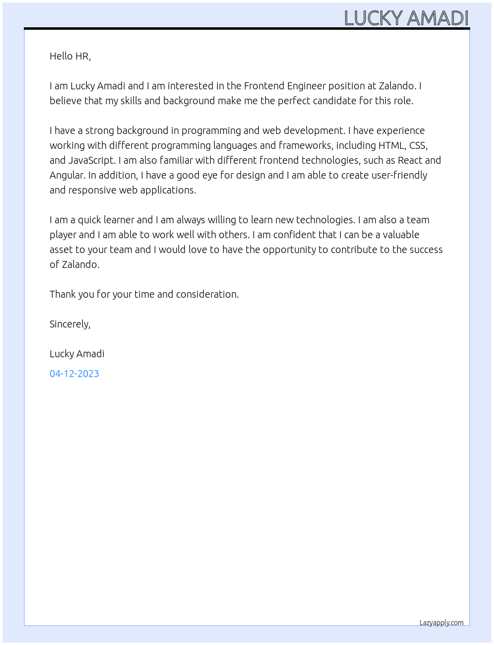 Frontend Engineer At Zalando Cover Letter