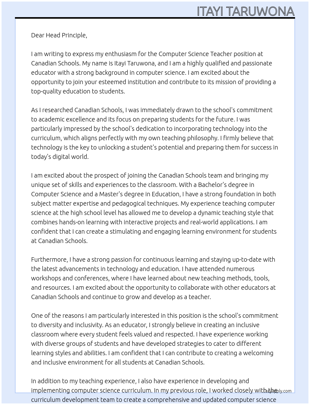 Computer Science  Teacher At Canadian Schools  Cover Letter