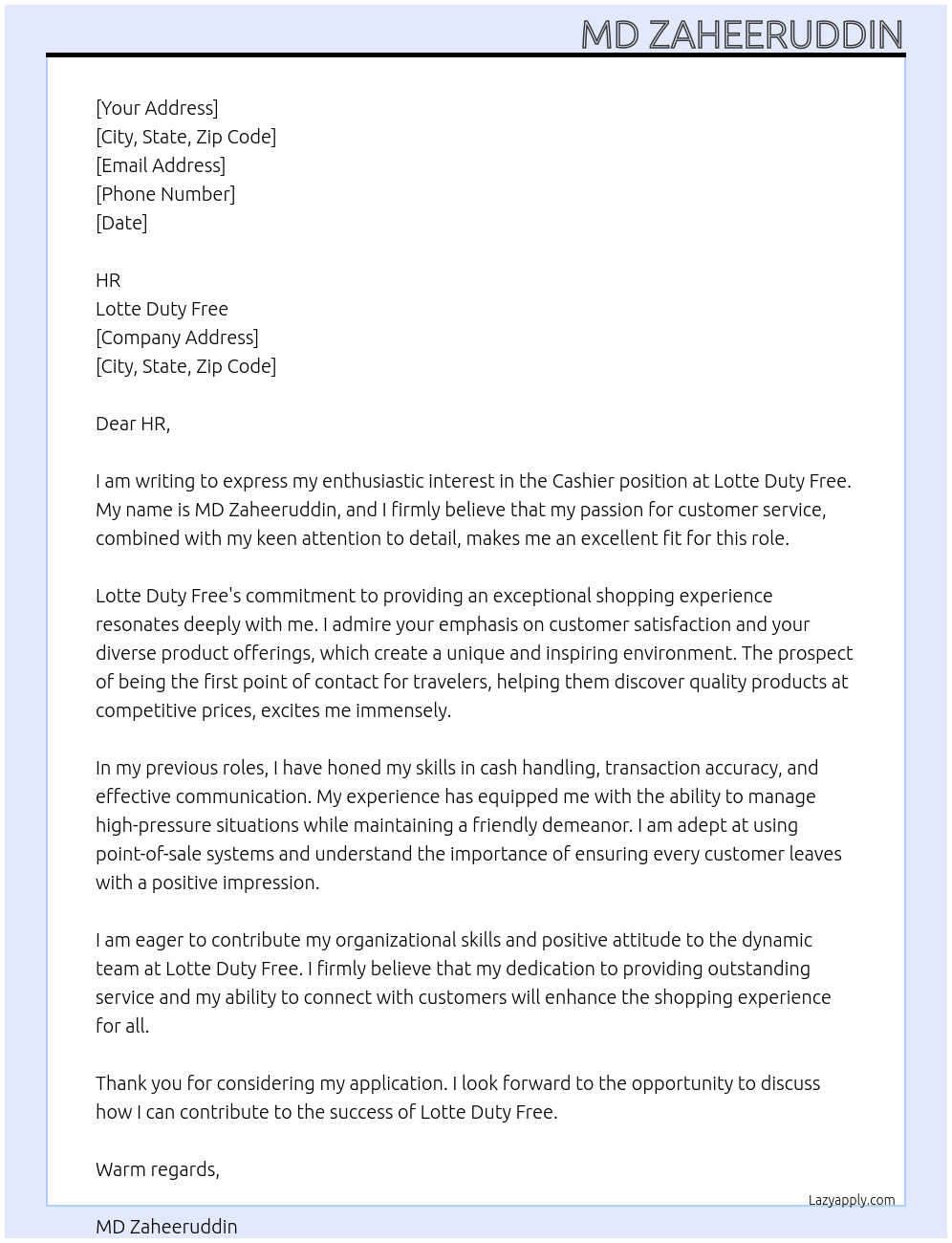 Cashier At Lotte Duty Free Cover Letter