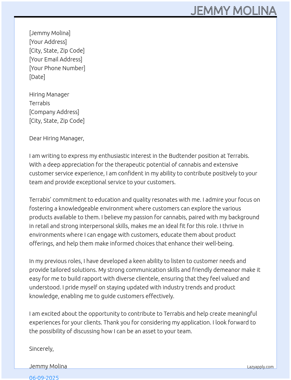 Budtender At Terrabis Cover Letter