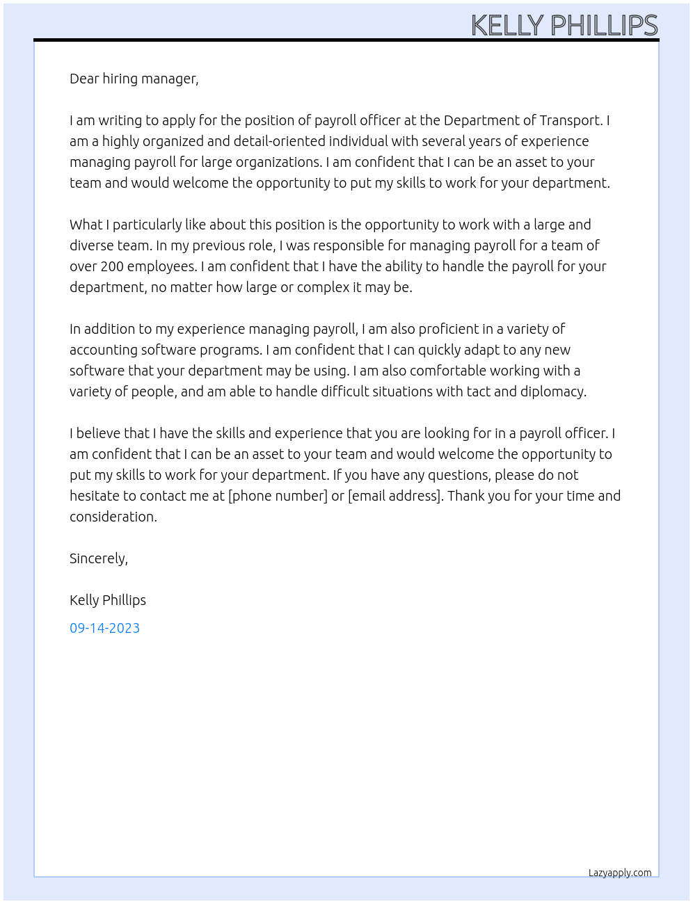 Payroll officer At Department of transport Cover Letter