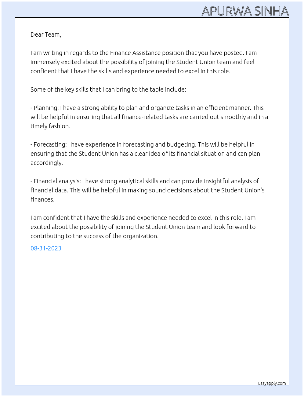 Finance Assistance At Student Union Cover Letter