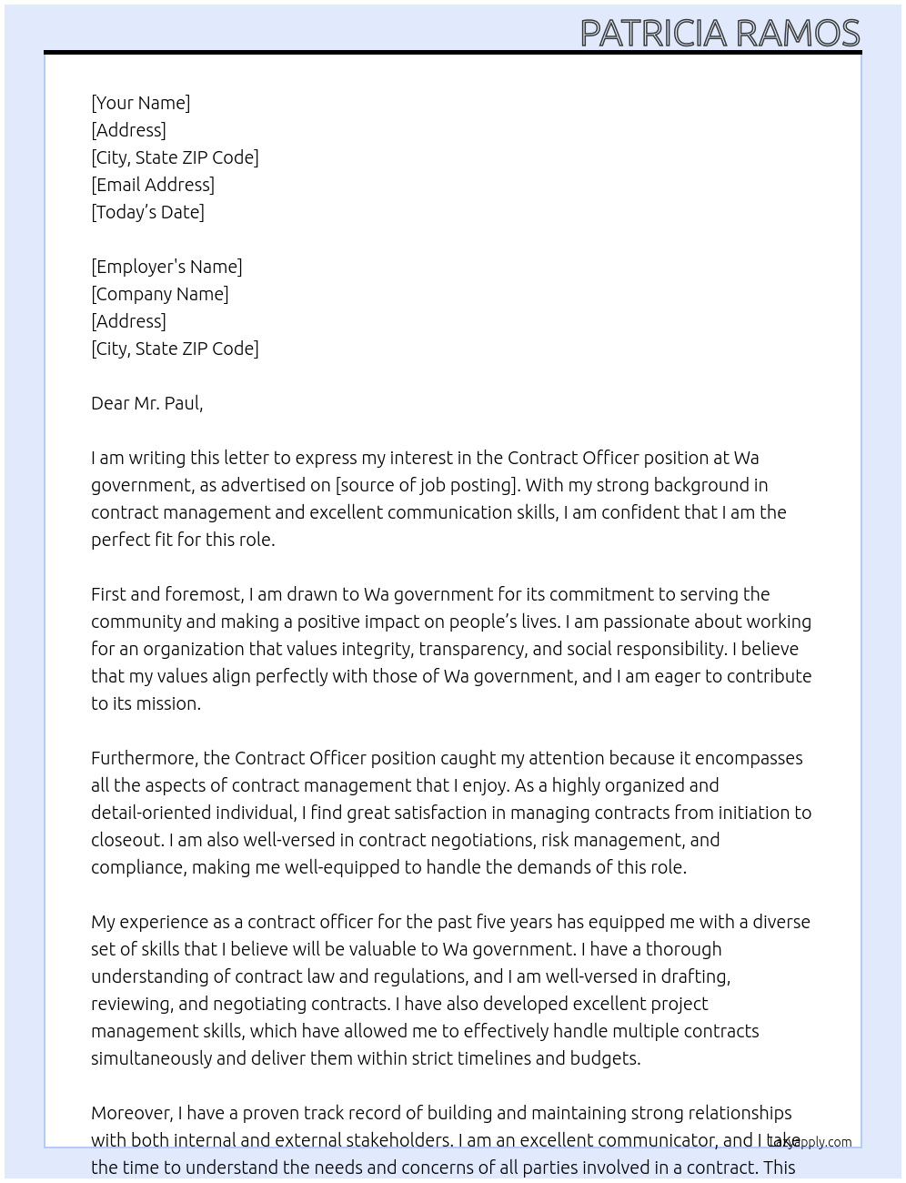 Contract officer At Wa government  Cover Letter