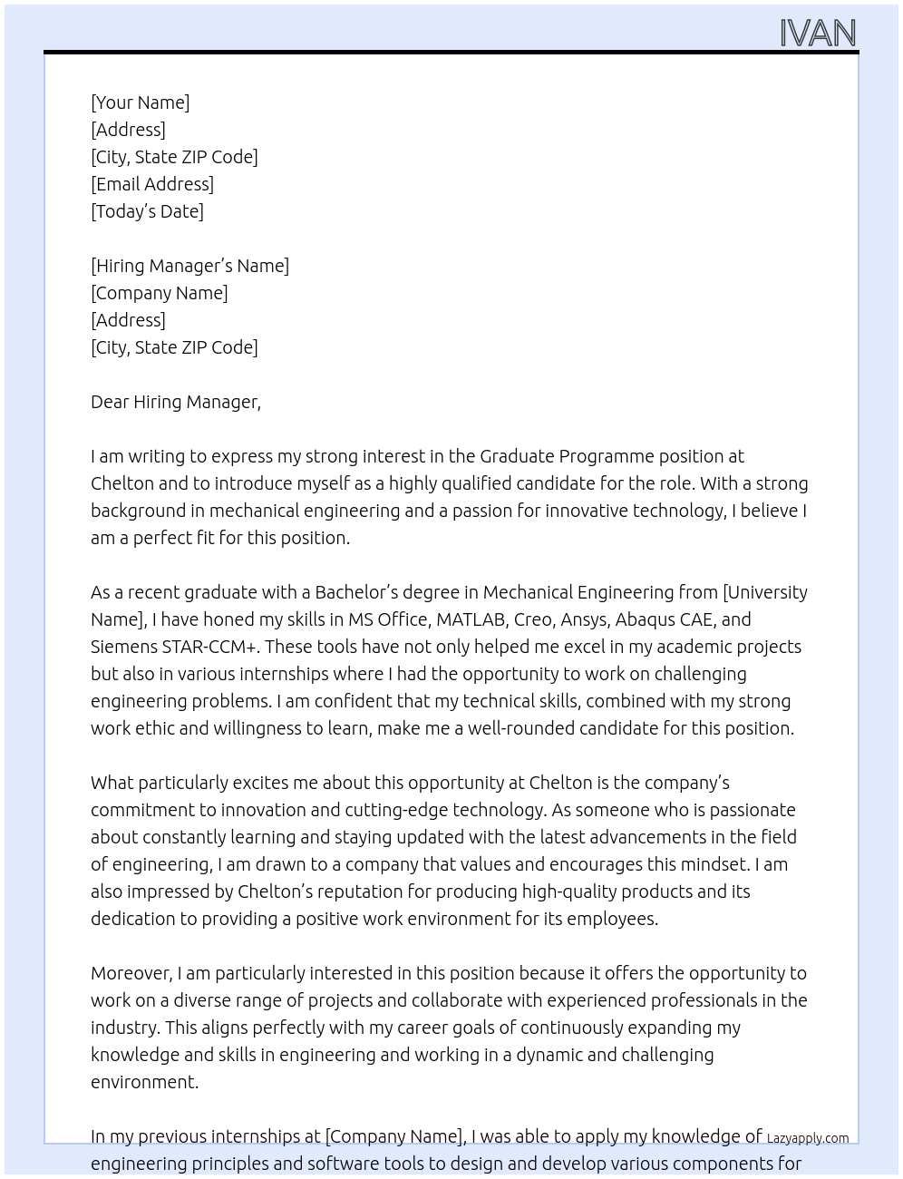 Graduate Programme At Chelton Cover Letter