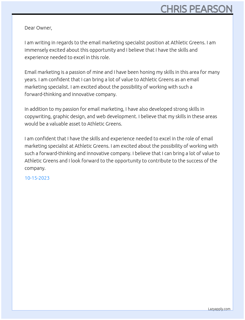 Email Marketing Specialist At Athletic Greens Cover Letter