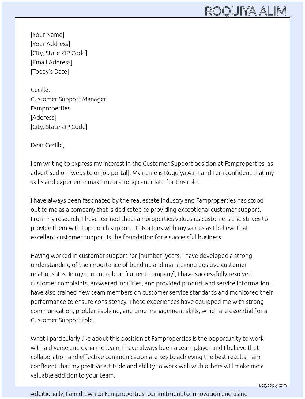 customer support  At famproperties  Cover Letter