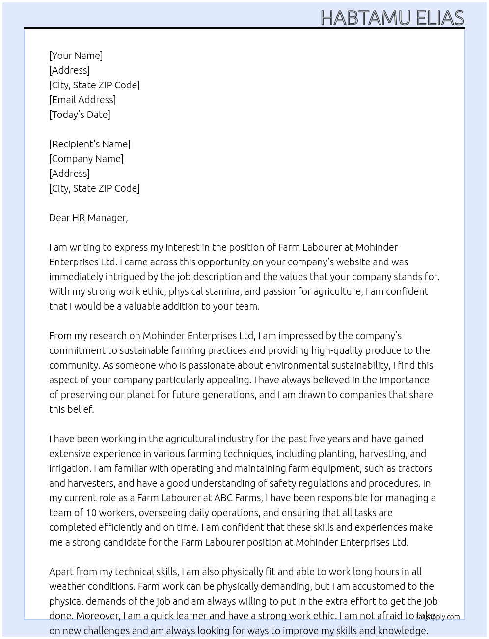 Farm labourer At Mohinder Enterprises Ltd Cover Letter