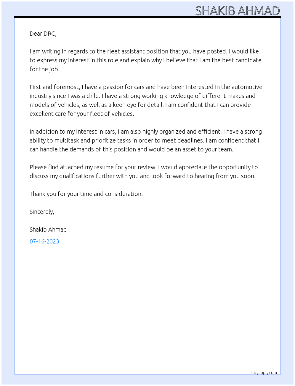 fleet assistant At DRC Cover Letter