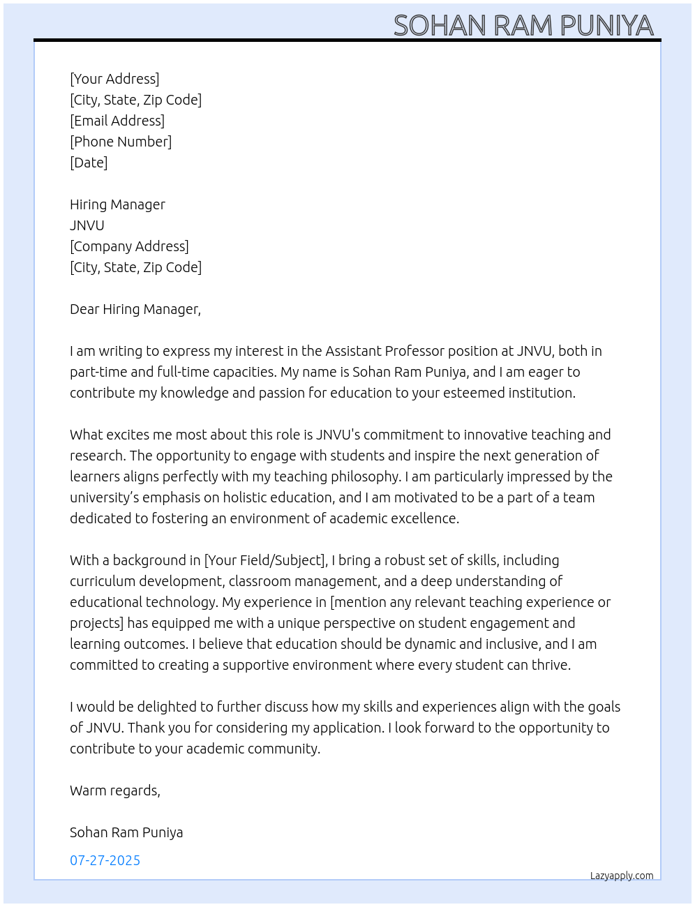 Assistant Professor  At JNVU  Cover Letter