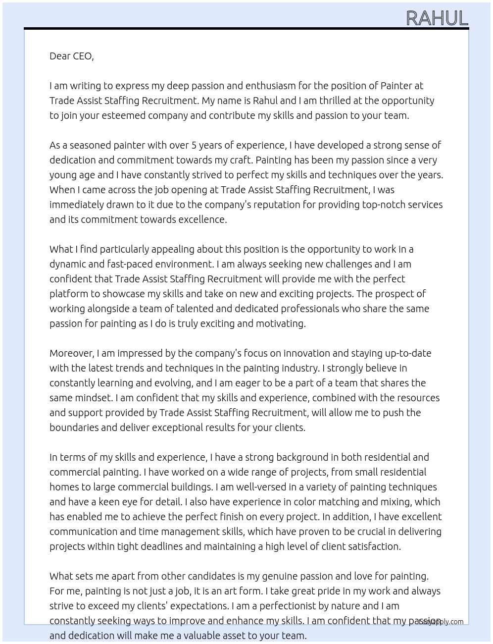 Painter At Trade assist staffing recruitment Cover Letter