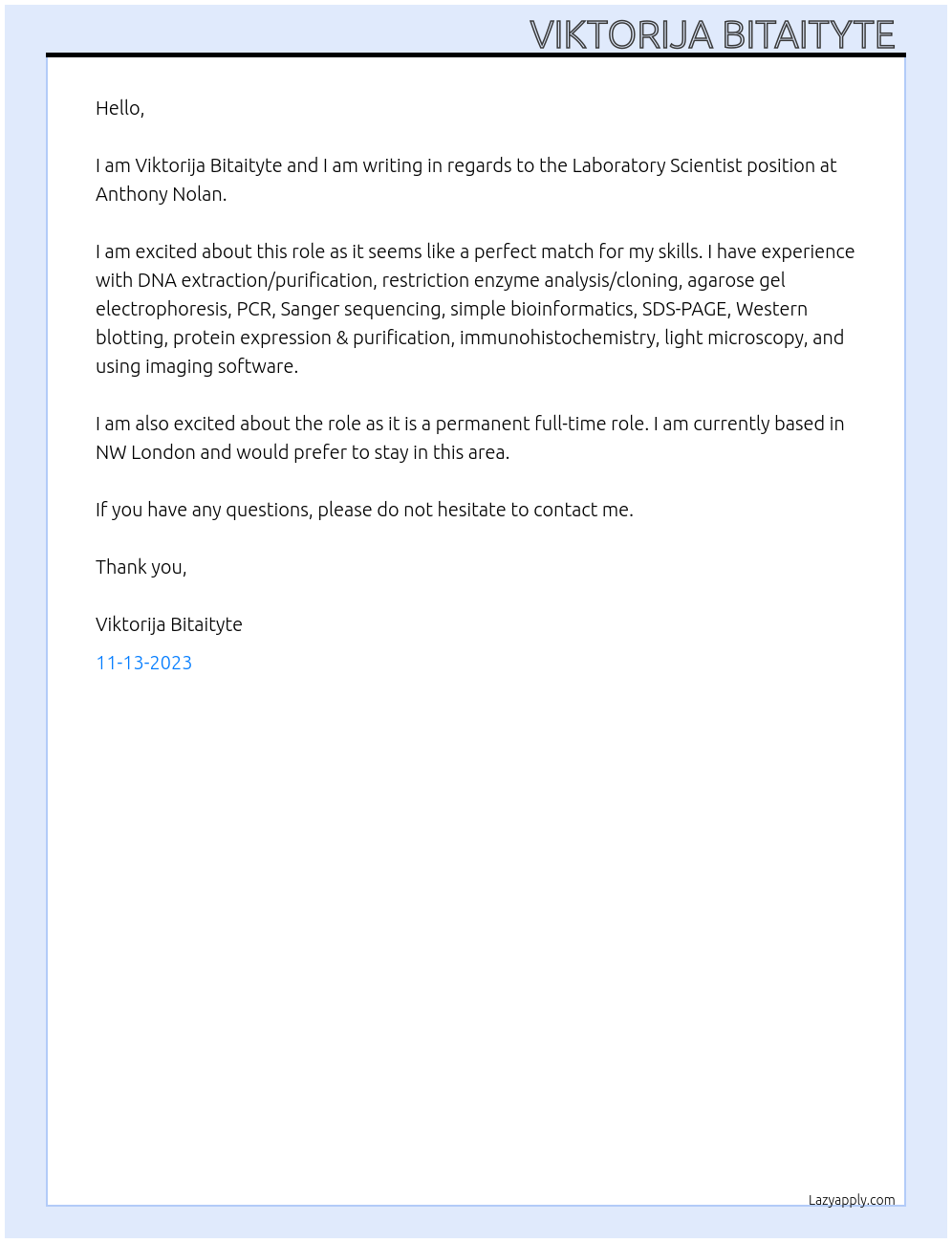 Laboratory Scientist  At Anthony Nolan Cover Letter