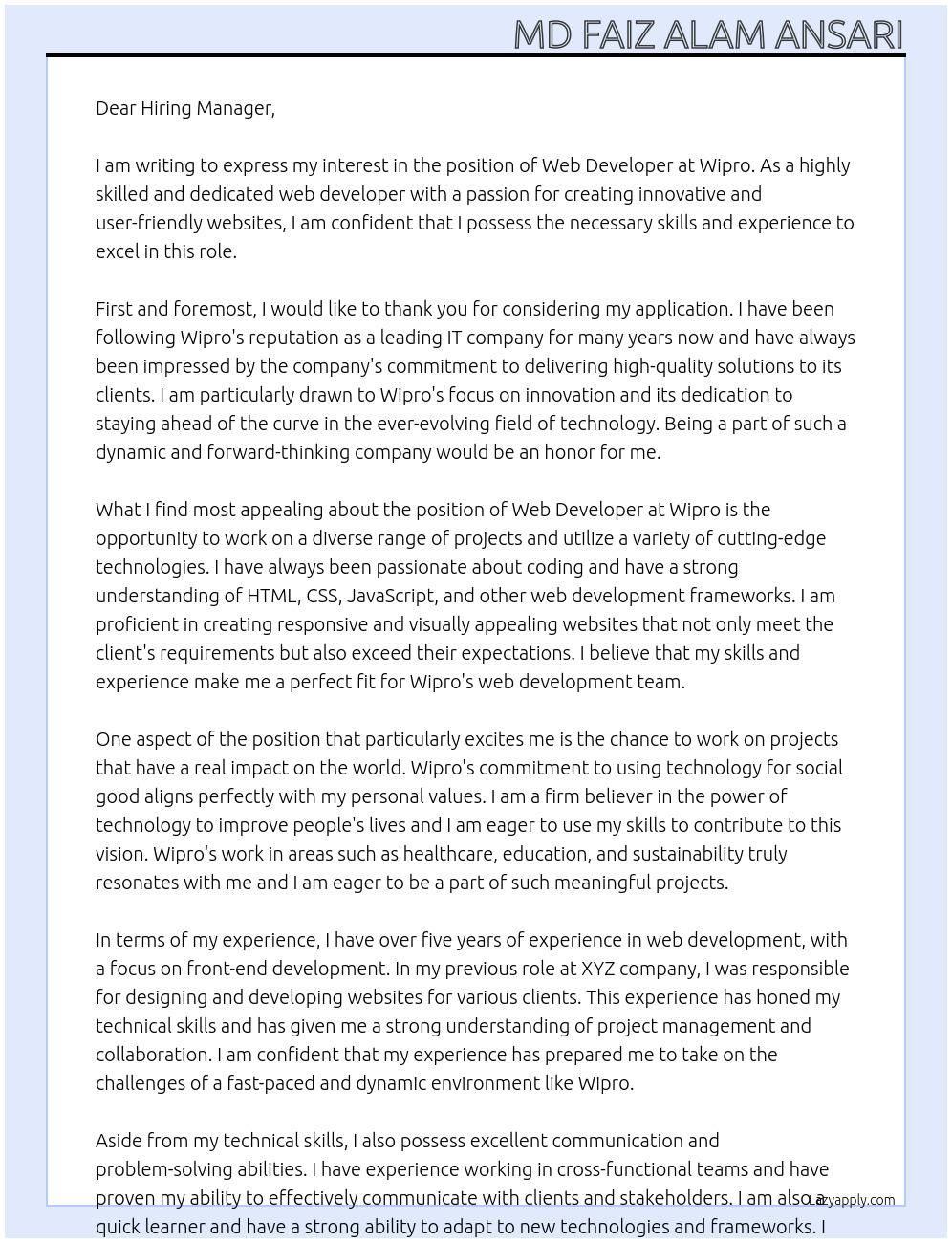 Web Devloper At Wipro Cover Letter