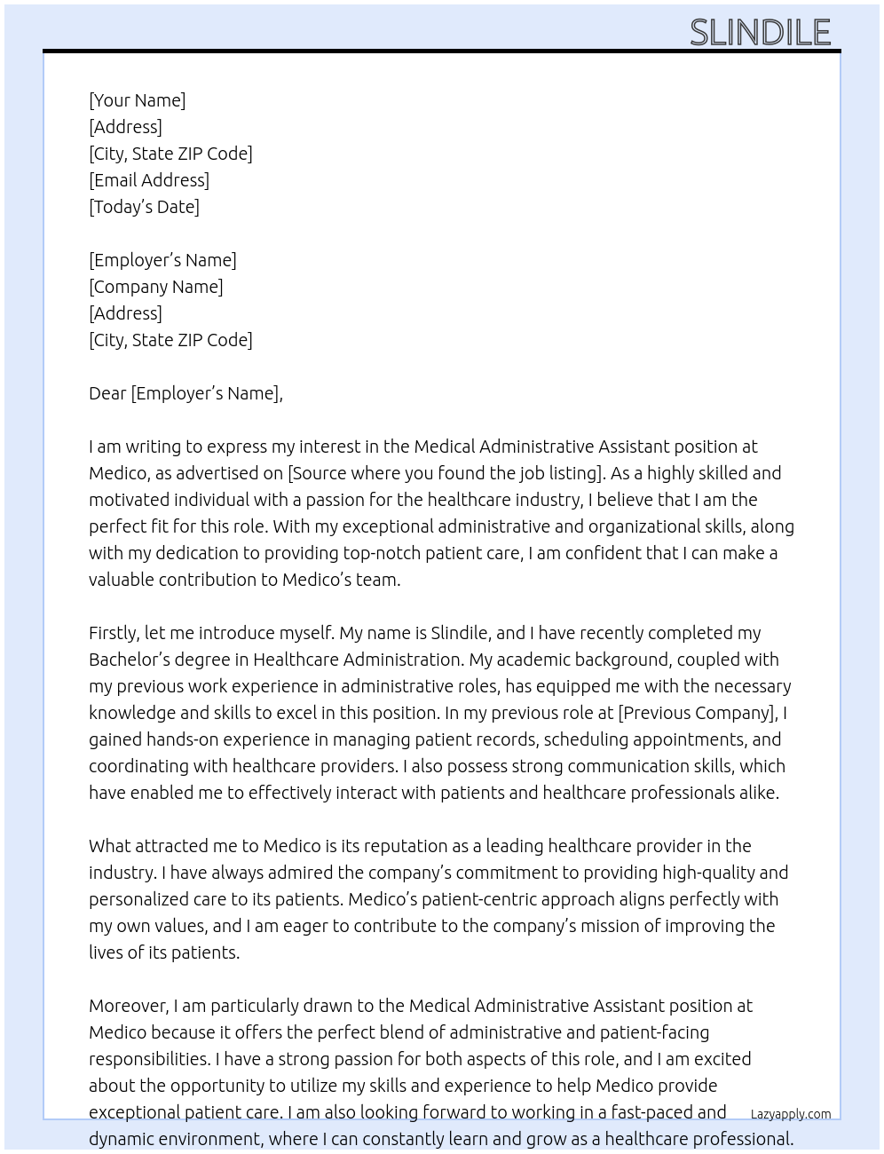 Medical administrative assistant At Medico Cover Letter
