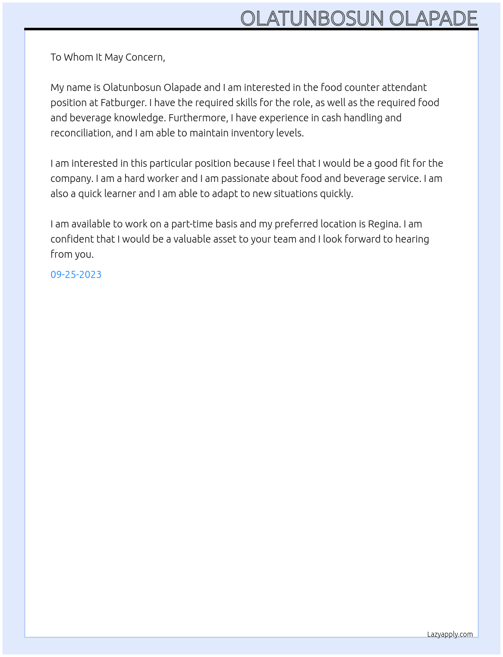 Food counter attendant At Fatburger Cover Letter