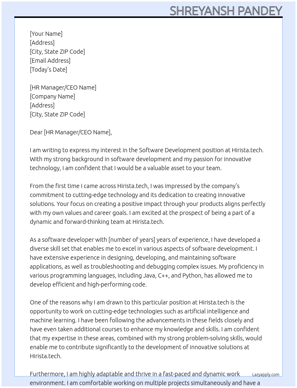 Software development At Hirista.tech Cover Letter