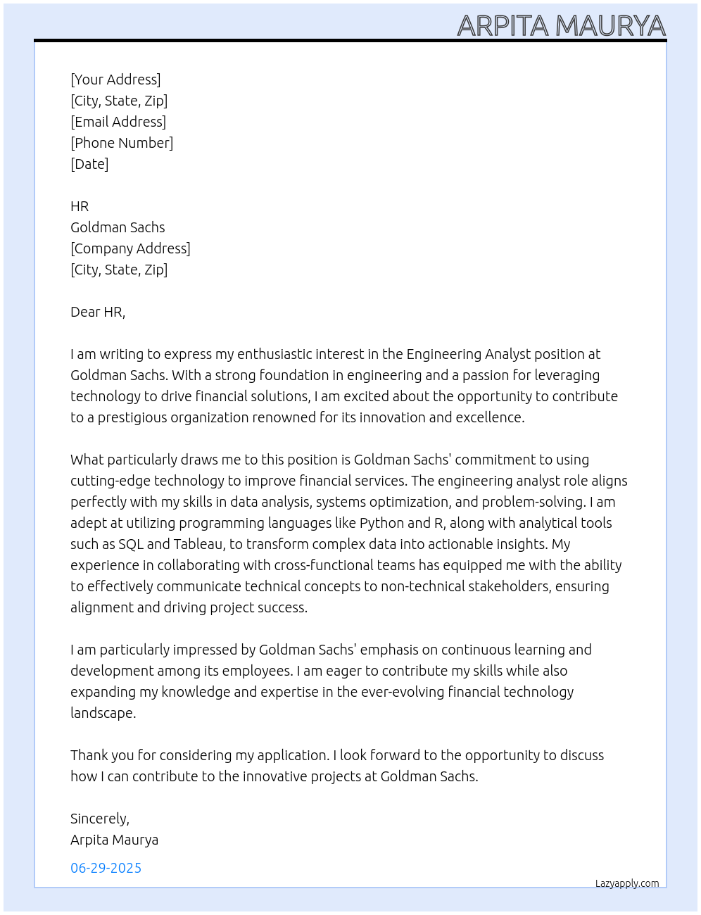 Cover letter for engineering analyst - LazyApply