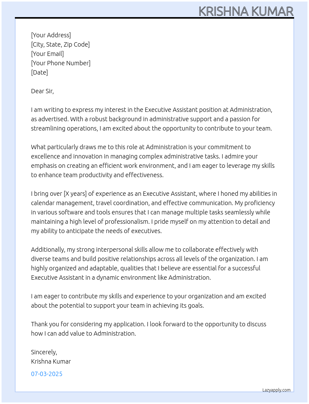 Executive Assistant  At Administration  Cover Letter