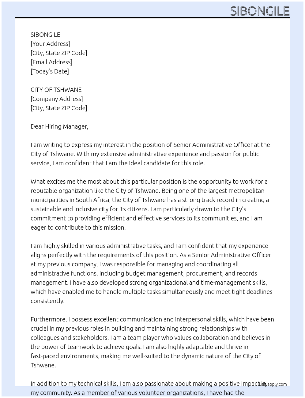 SENIOR ADMINISTRATIVE OFFICER At CITY OF TSHWANE Cover Letter