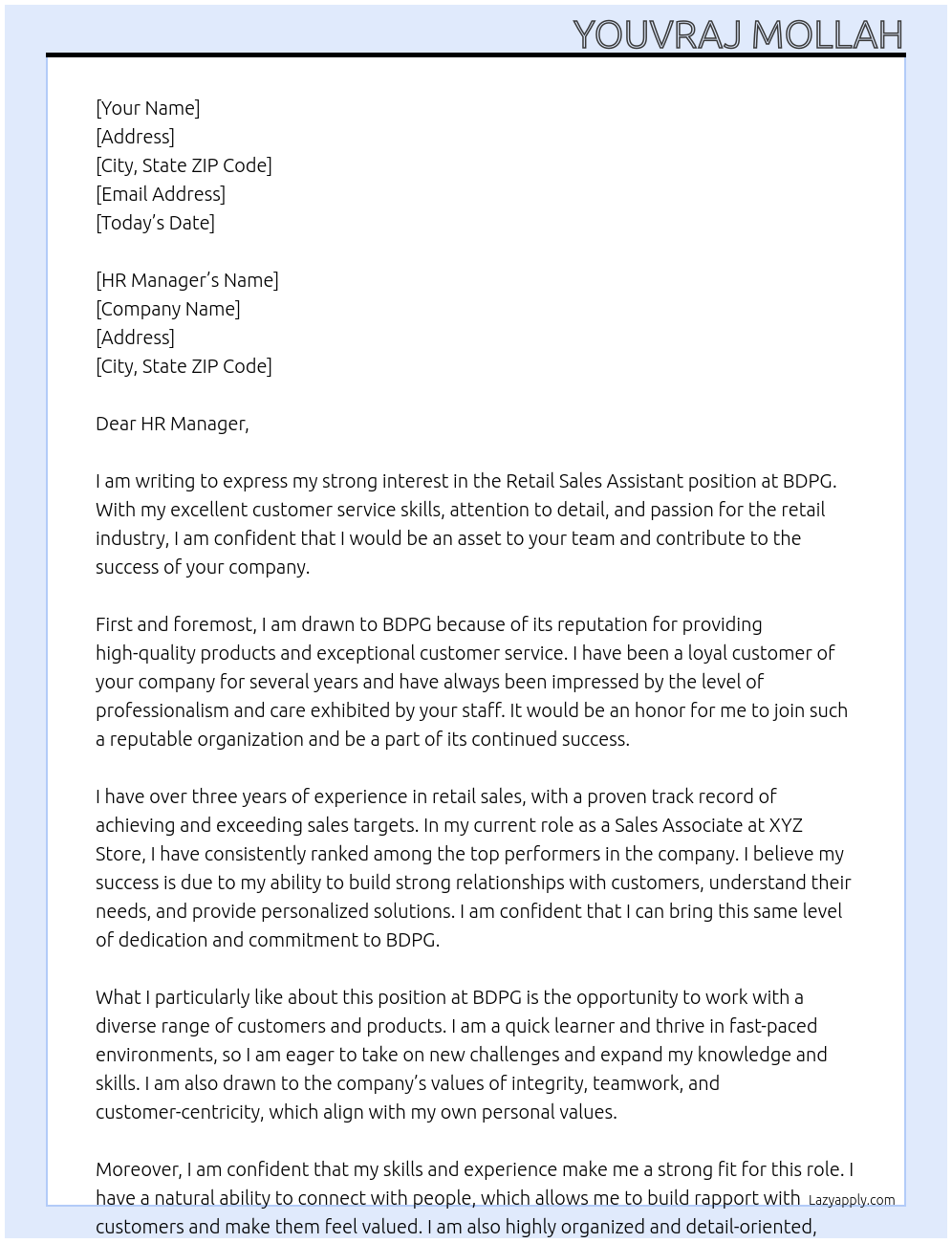 Retail sales assistant At Bdpg Cover Letter