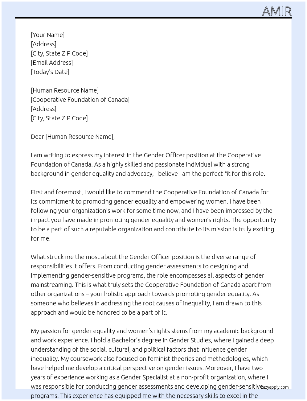 Gender Officer At Cooperative foundation of Canada  Cover Letter