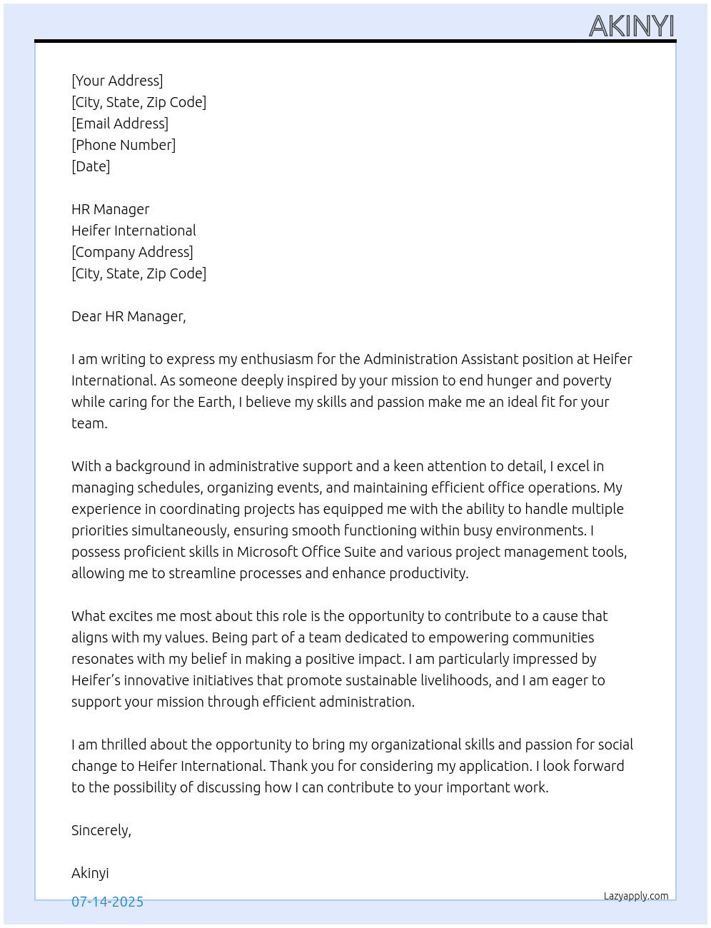 Administration Assistant At Heifer International Cover Letter