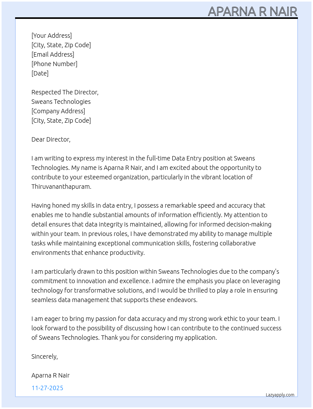 Data entry At Sweans Technologies Cover Letter